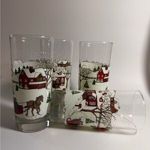 Set of 4 VTG Libbey Winter Sleigh Horse & Carriage Christmas Scene 6” Tall